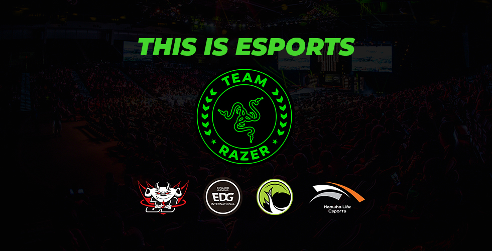 Professional players from Team Razer competing on stage at a major esports tournament, using Razer mice, keyboards, and headsets.