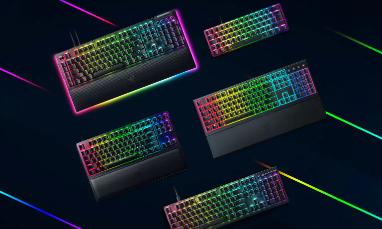  A Razer BlackWidow V4 Pro mechanical keyboard, a benchmark for gaming performance, illuminated with vibrant Chroma RGB lighting.